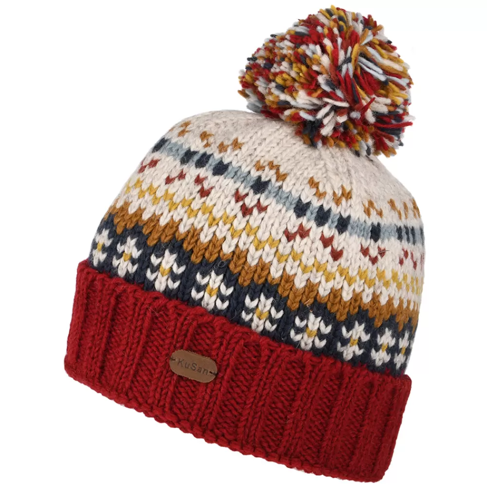 Bonnets À Pompon | Bonnets^Kusan Bonnet à Pompon Fair Isle Mosaic rouge-moutarde-crème