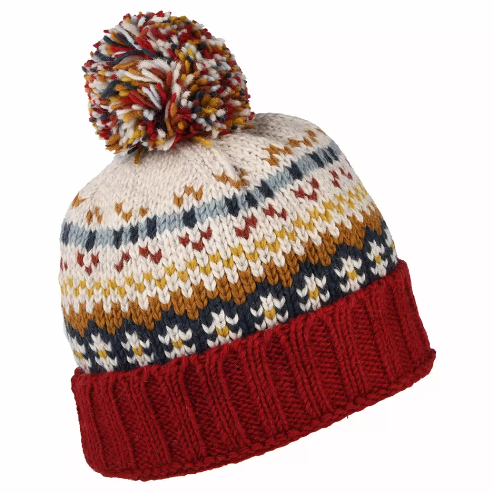 Bonnets À Pompon | Bonnets^Kusan Bonnet à Pompon Fair Isle Mosaic rouge-moutarde-crème