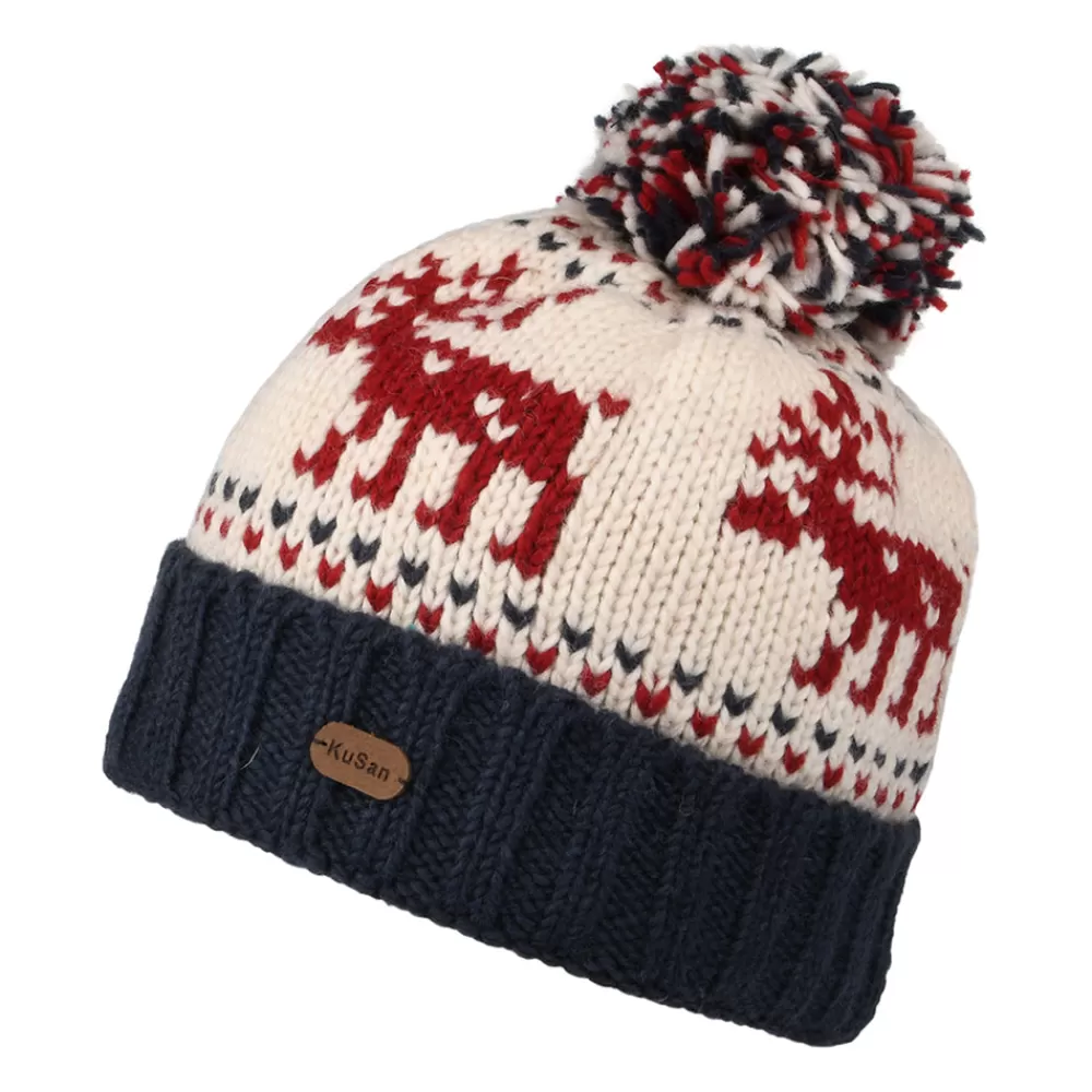 Bonnets À Pompon | Bonnets^Kusan Bonnet à Pompon Turn Up Reindeer bleu marine-crème