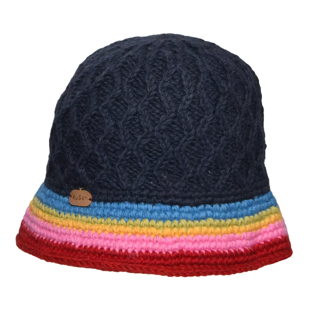 Chapeaux Hiver | Chapeaux Bob^Kusan Chapeau Bob Maille Losange et Bord à Rayures bleu marine-arc-en-ciel