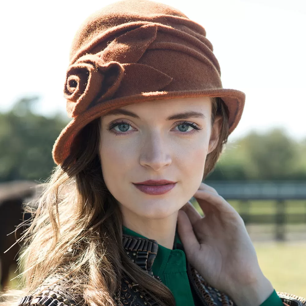 Chapeaux Hiver | Chapeaux Cloche^Scala Chapeau Cloche en Laine avec Rosette Sienna rouille
