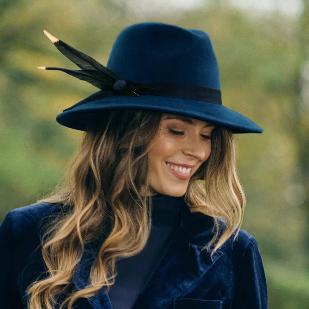 Chapeaux Trilby | Chapeaux Fedora^Failsworth Chapeau Fedora en Laine Feutrée Hydrofuge avec Plume bleu marine