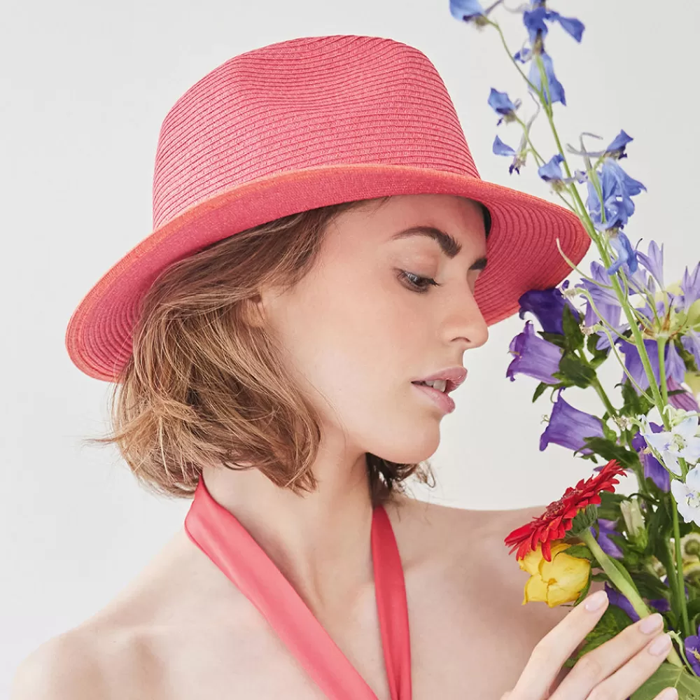 Chapeaux Trilby | Chapeaux Fedora^Seeberger Chapeau Fedora en Paille Toyo rose-orange